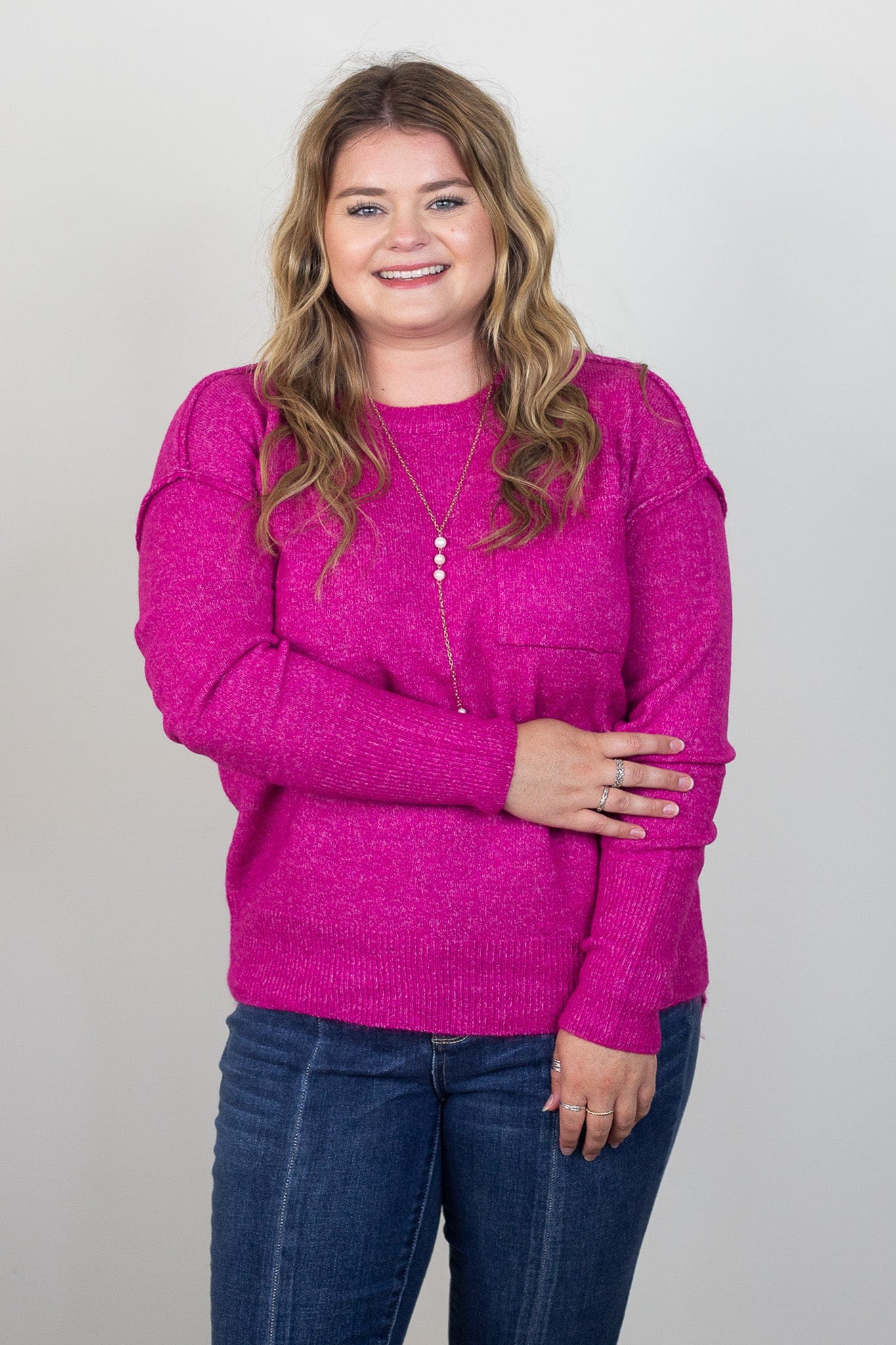 Heathered Magenta Pocket Round Neck Sweater