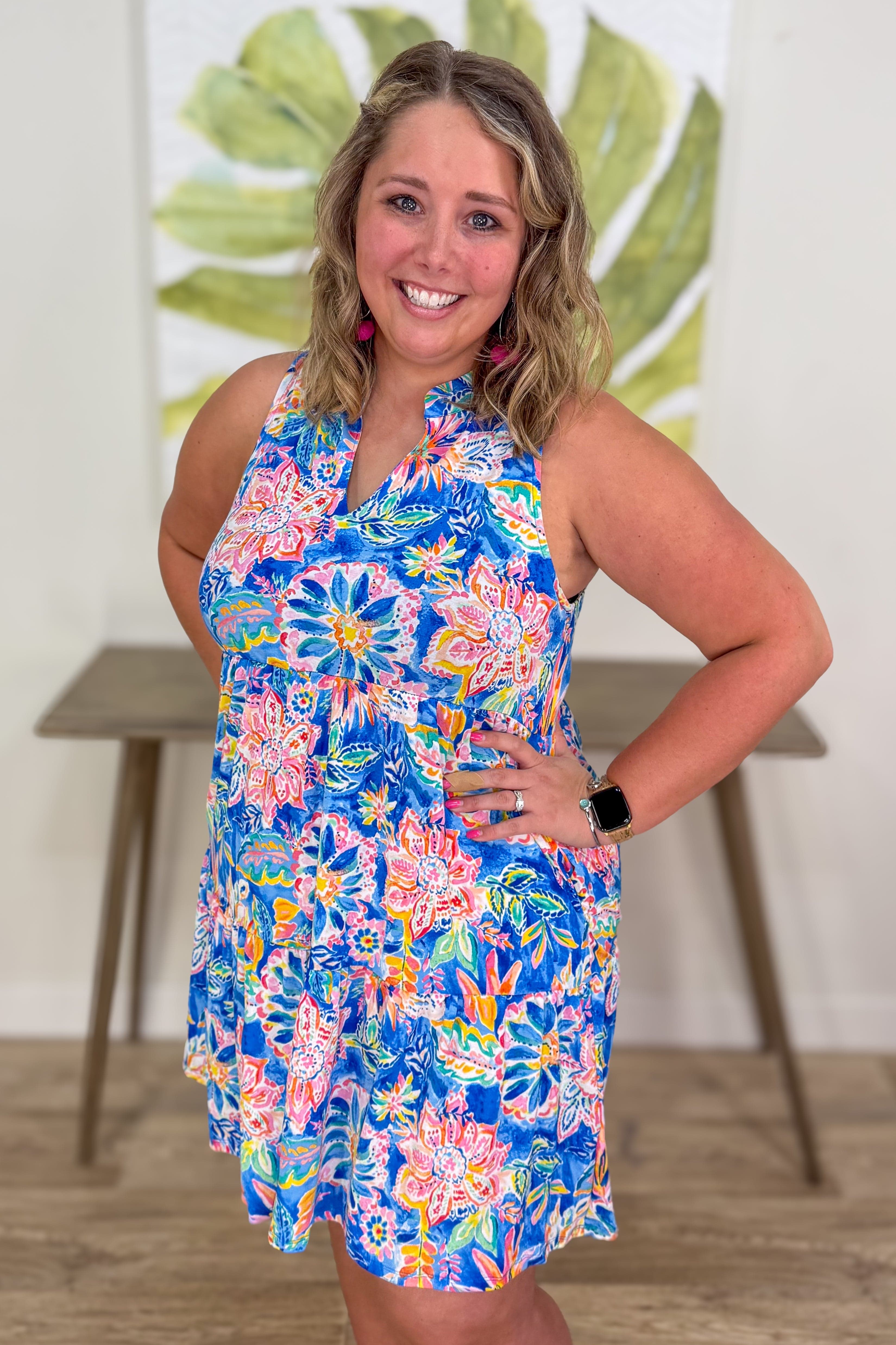 Royal Blue Floral Mandala Tiered Tank Dress