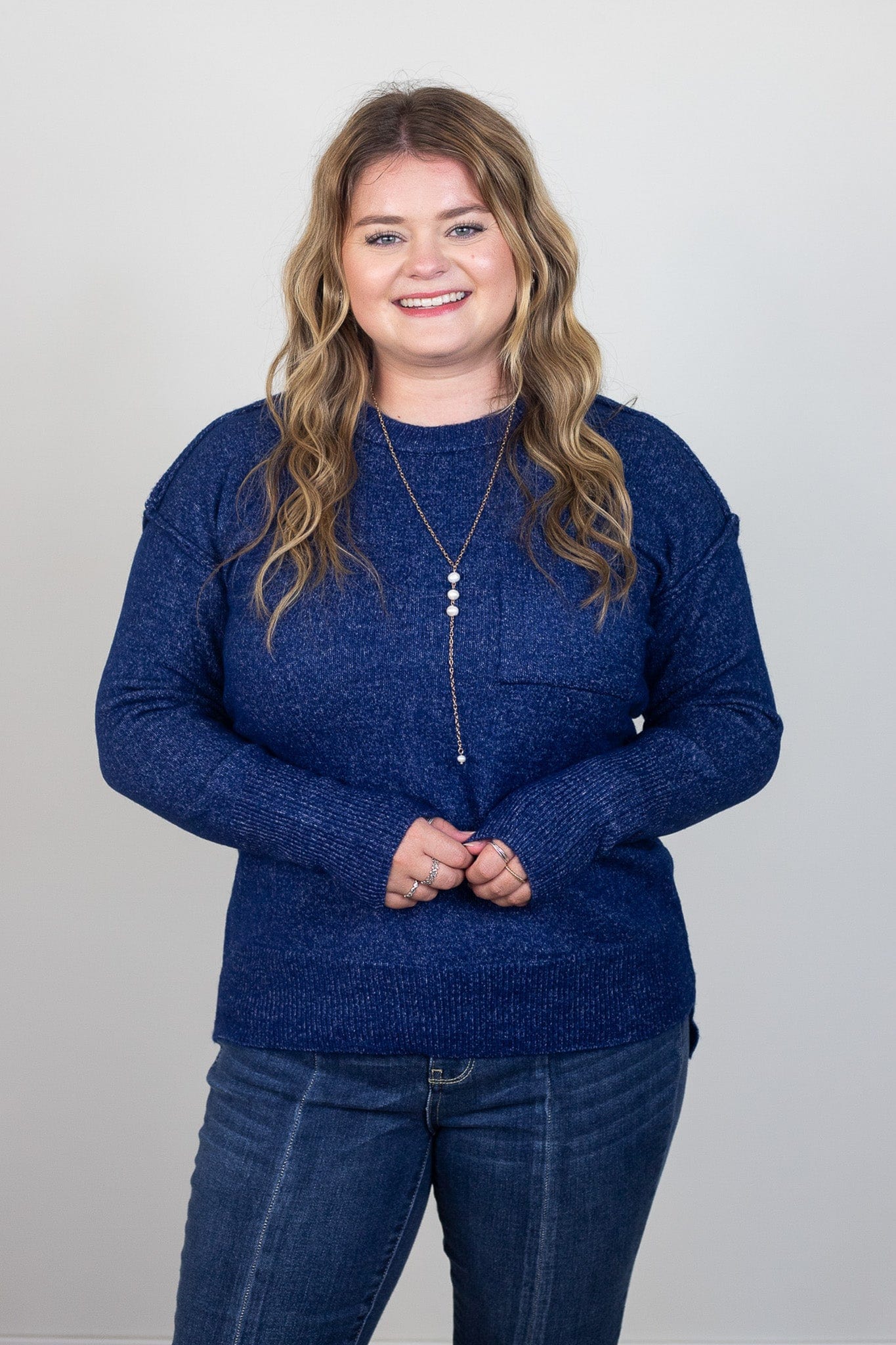 Heathered Navy Pocket Round Neck Sweater