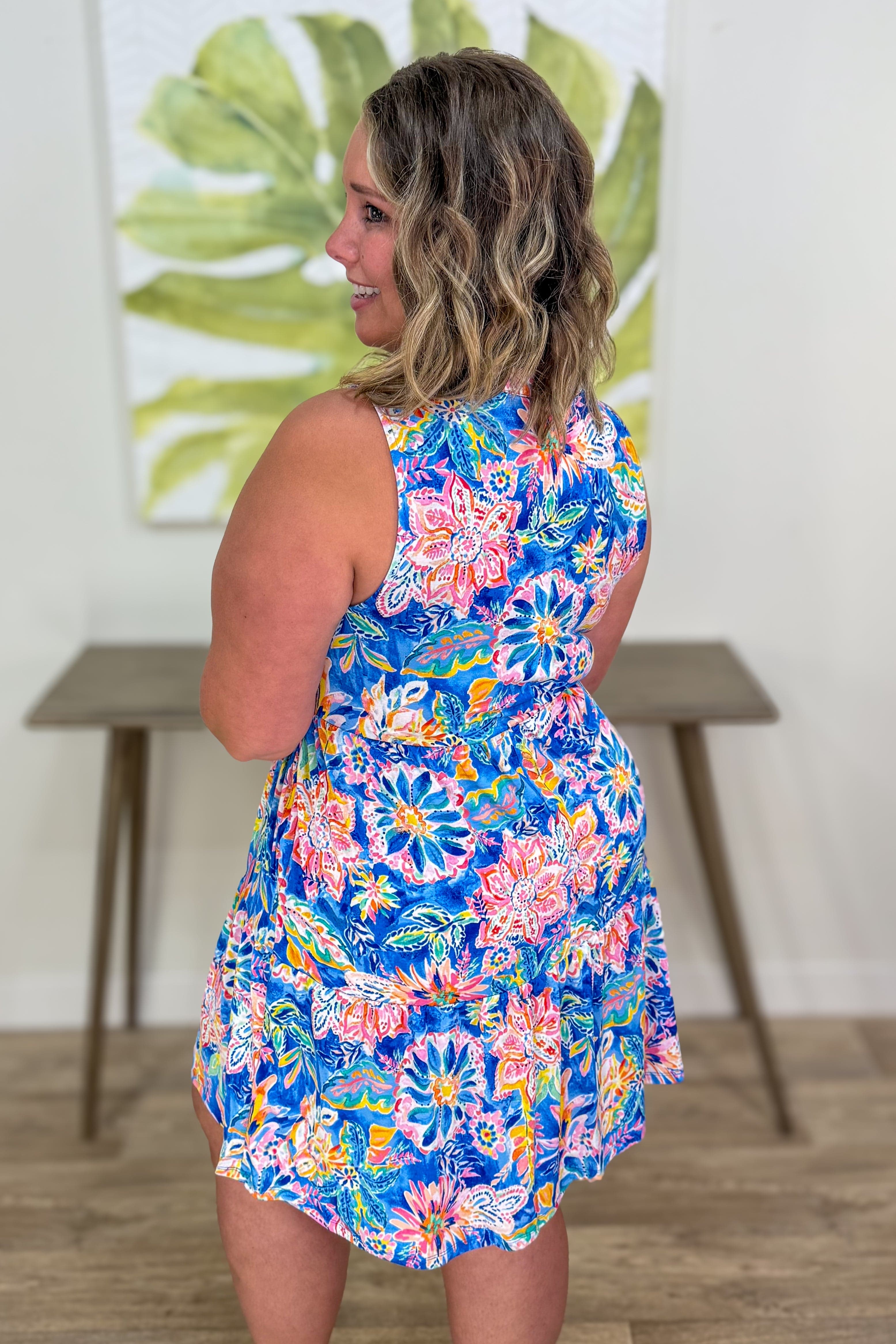 Royal Blue Floral Mandala Tiered Tank Dress Back
