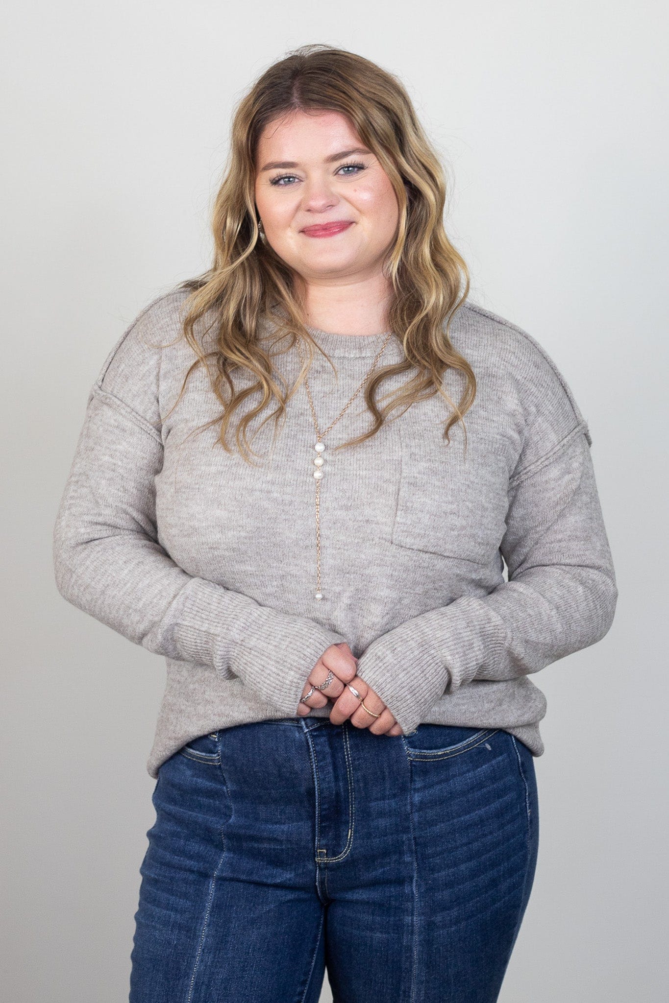 Heathered Mocha Pocket Round Neck Sweater