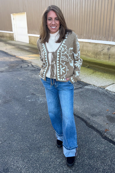 Dusty Olive Embroidered Tie Closure Sweater Jacket Styled