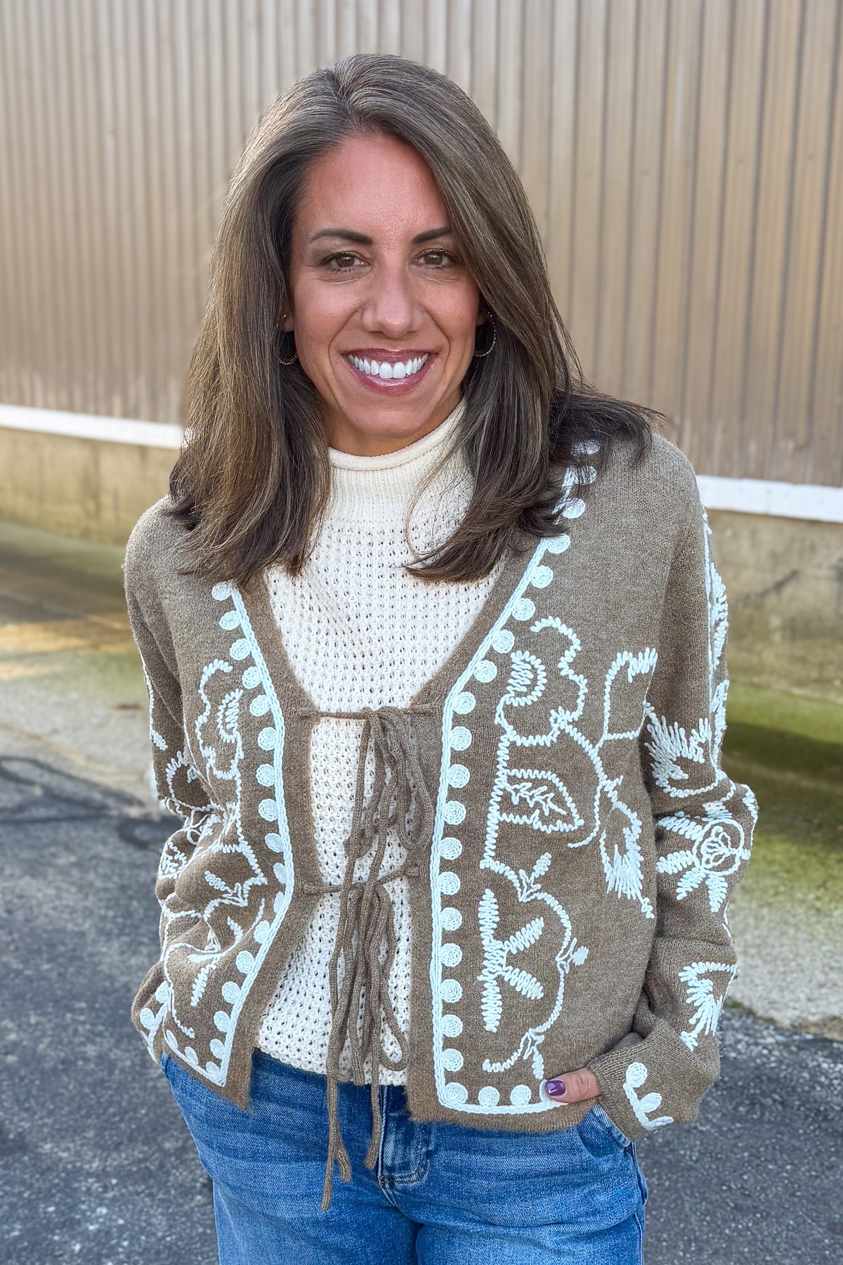 Dusty Olive Embroidered Tie Closure Sweater Jacket