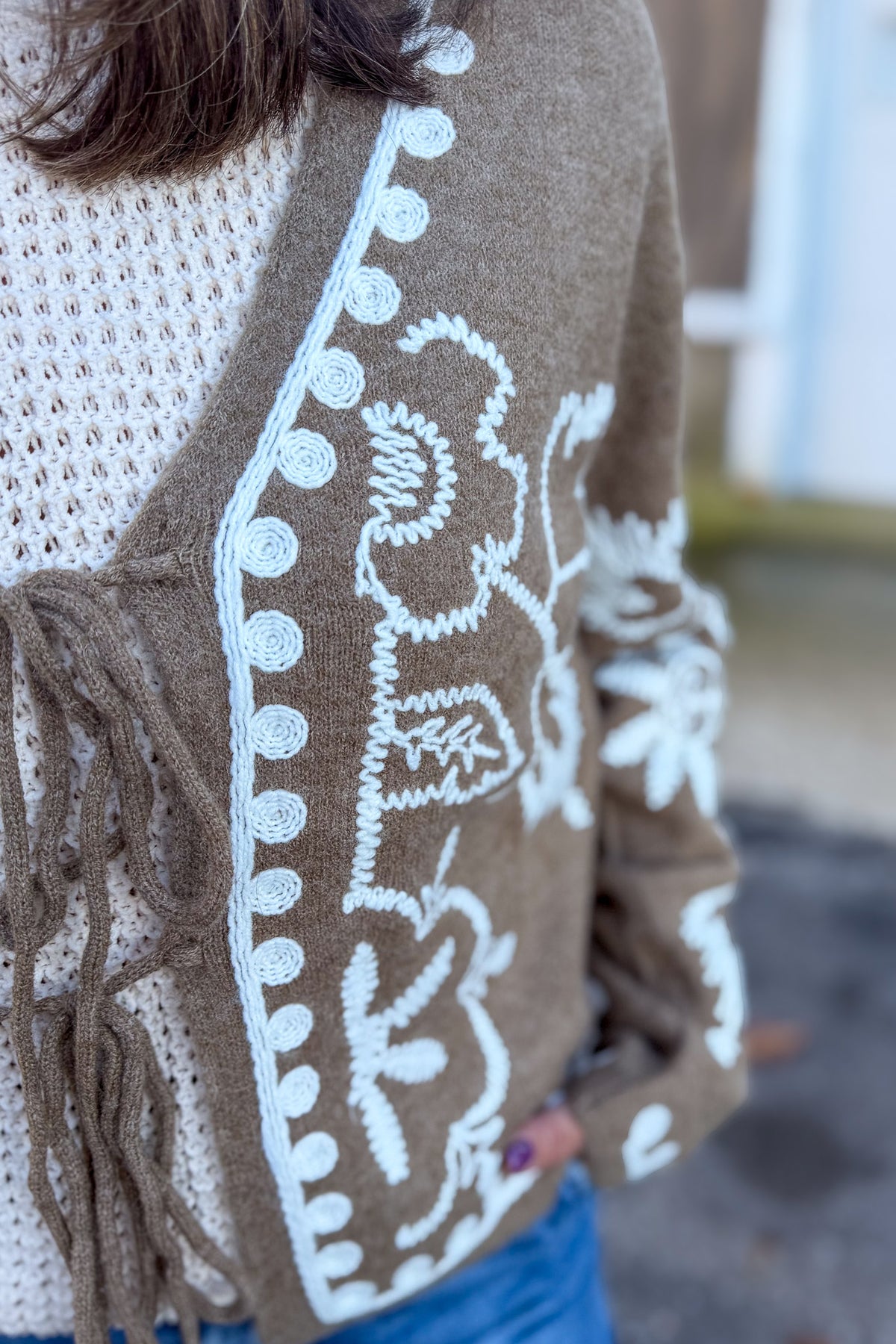 Dusty Olive Embroidered Tie Closure Sweater Jacket Detailed