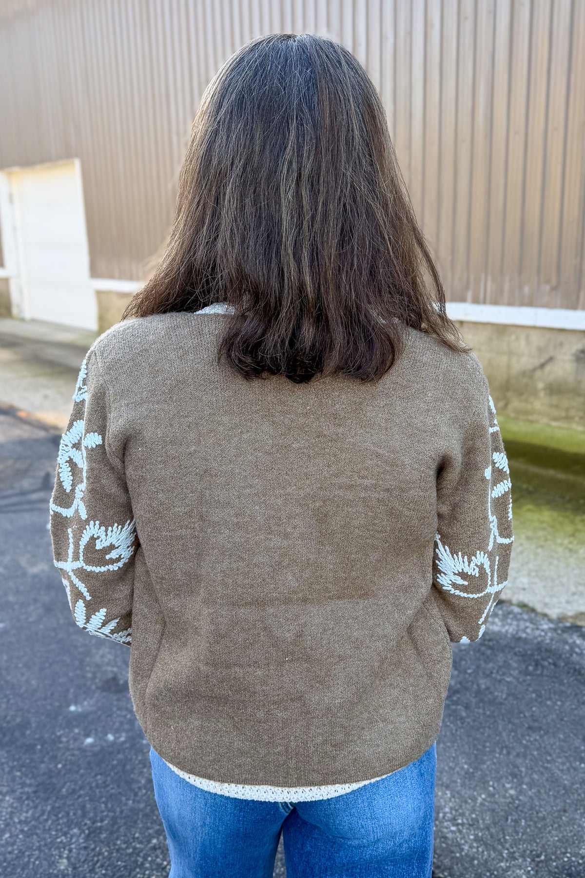 Dusty Olive Embroidered Tie Closure Sweater Jacket Back