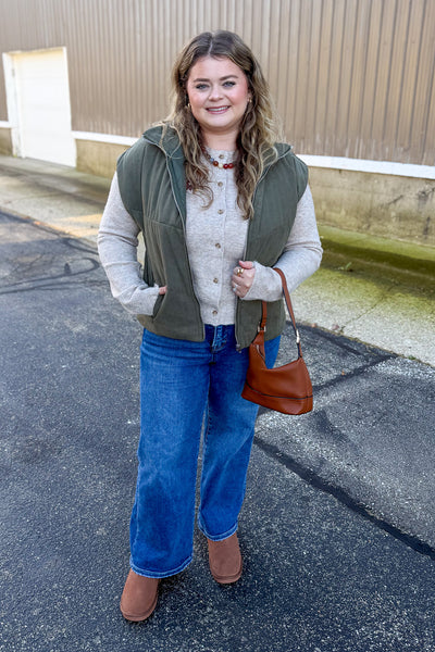 Taupe Floral Embroidered Button Down Cardigan Styled