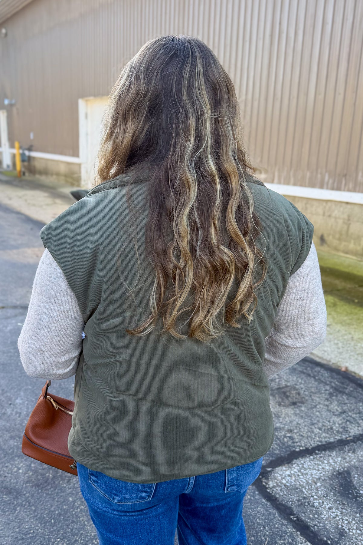 Olive Corduroy Puffer Vest Back