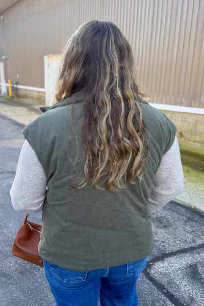 Olive Corduroy Puffer Vest Back