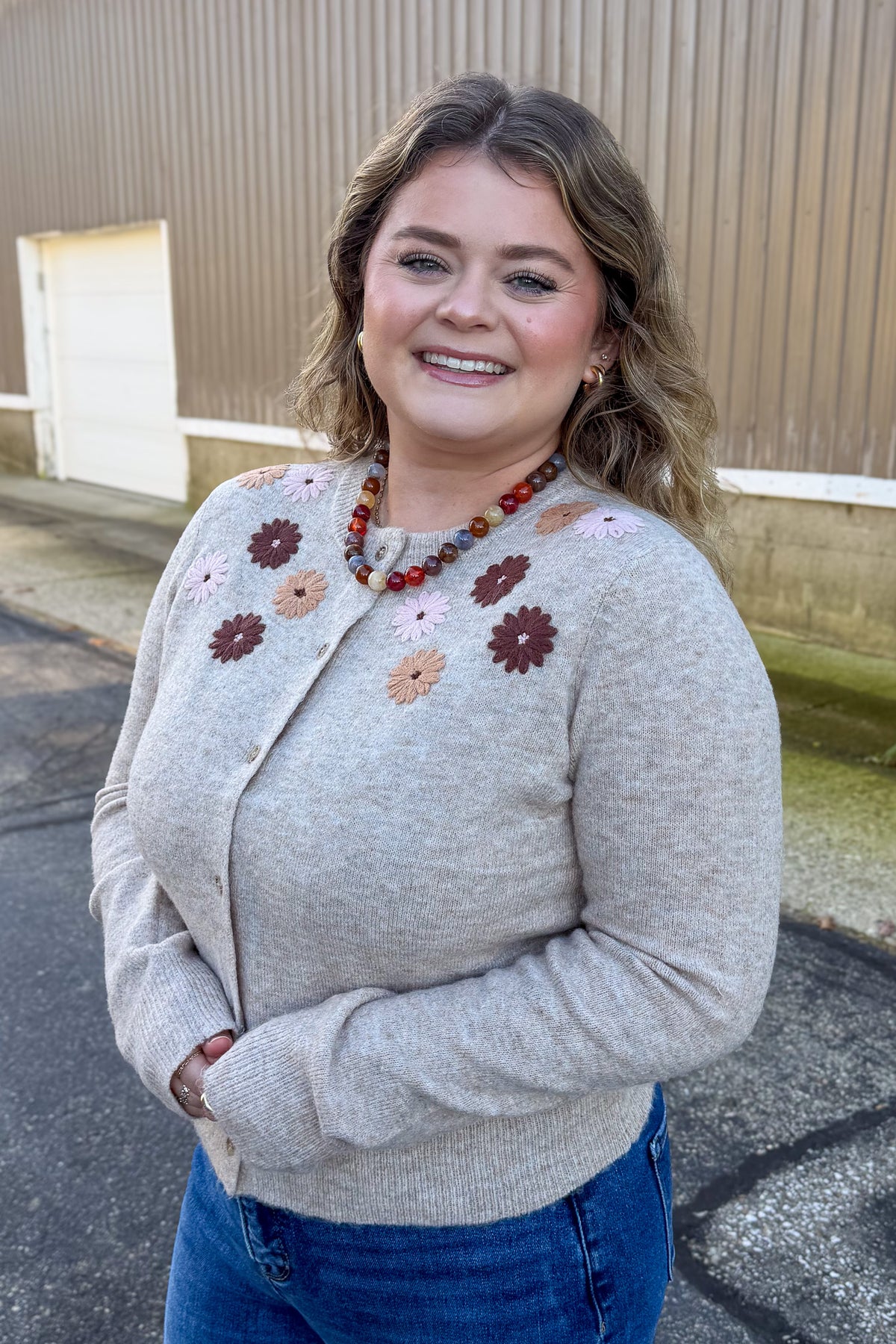 Taupe Floral Embroidered Button Down Cardigan