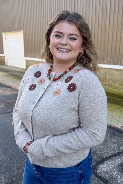 Taupe Floral Embroidered Button Down Cardigan