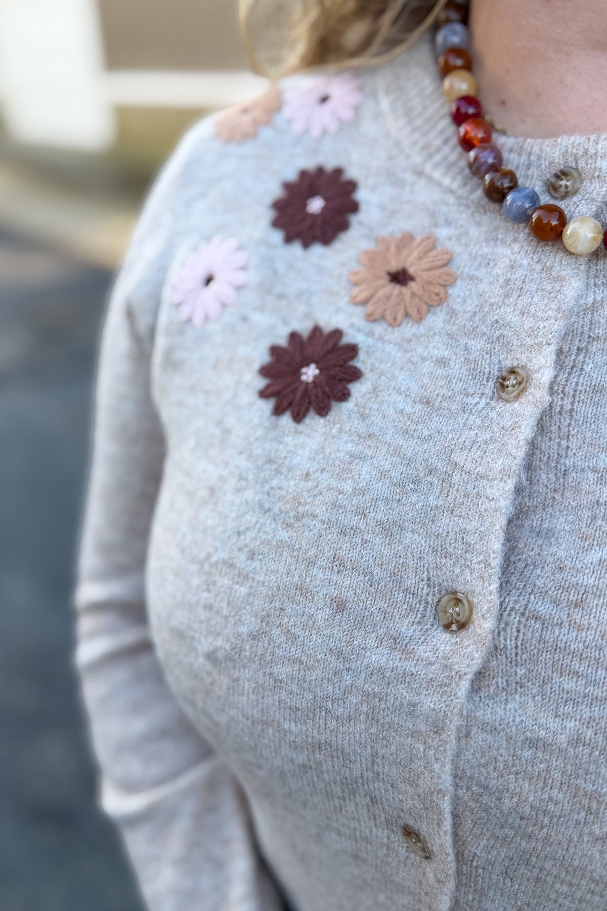 Taupe Floral Embroidered Button Down Cardigan Detailed