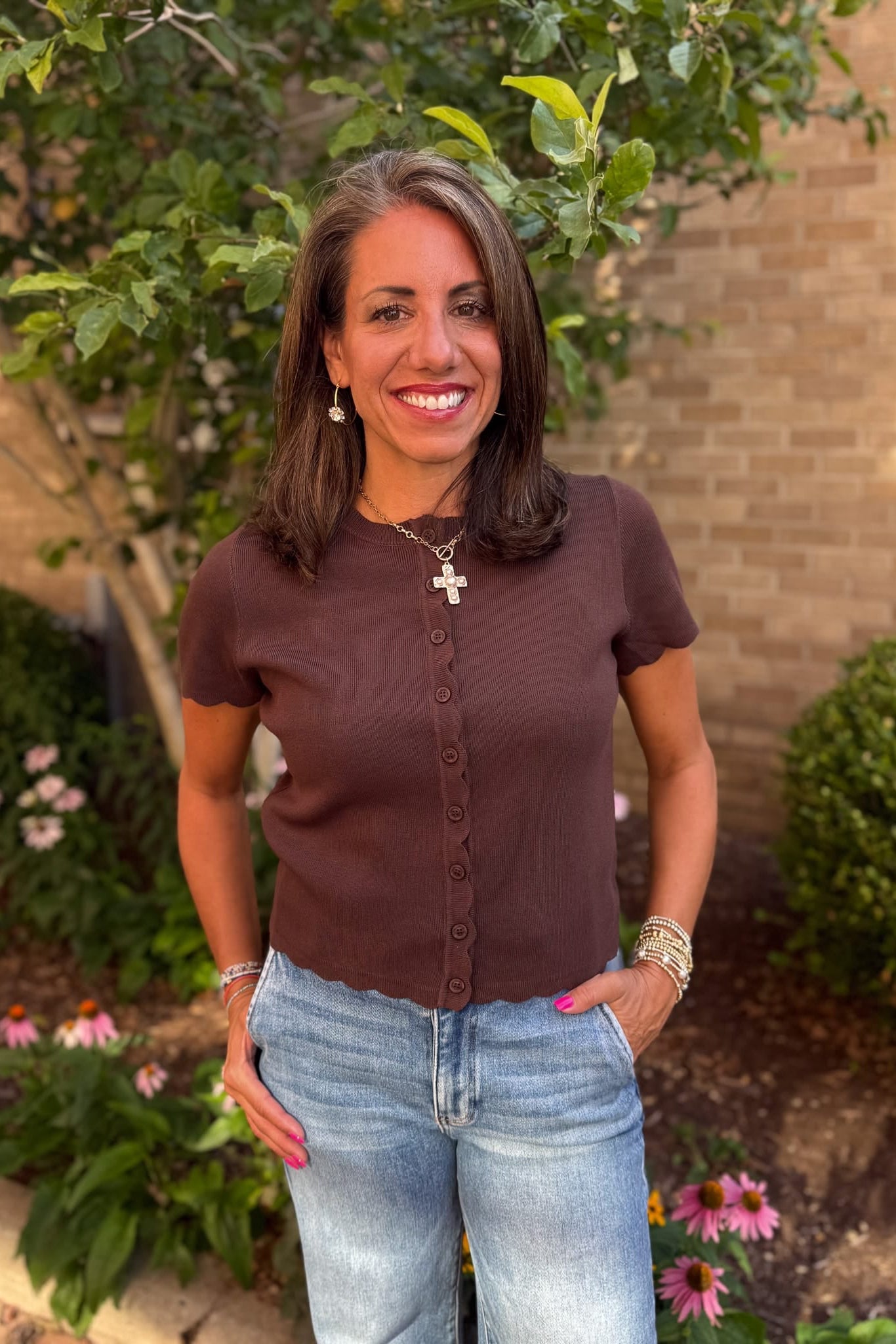 Brown Scalloped Button Cardigan