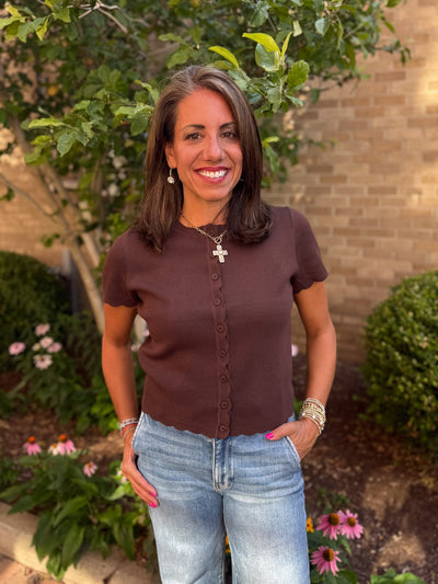Brown Scalloped Button Cardigan