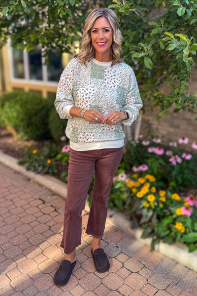 Olive Multi-Floral Patchwork Knit Top Styled