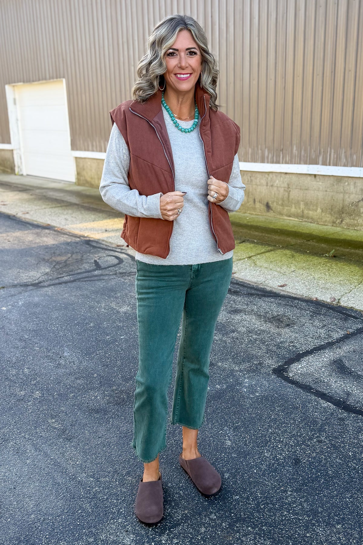 Brown Corduroy Puffer Vest Styled