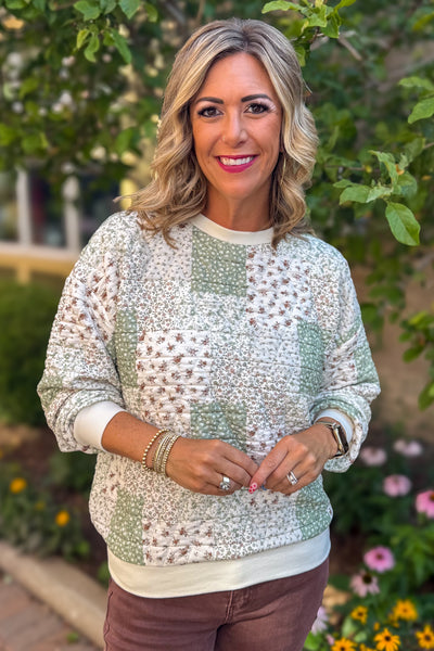 Olive Multi-Floral Patchwork Knit Top