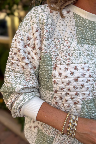 Olive Multi-Floral Patchwork Knit Top Detailed