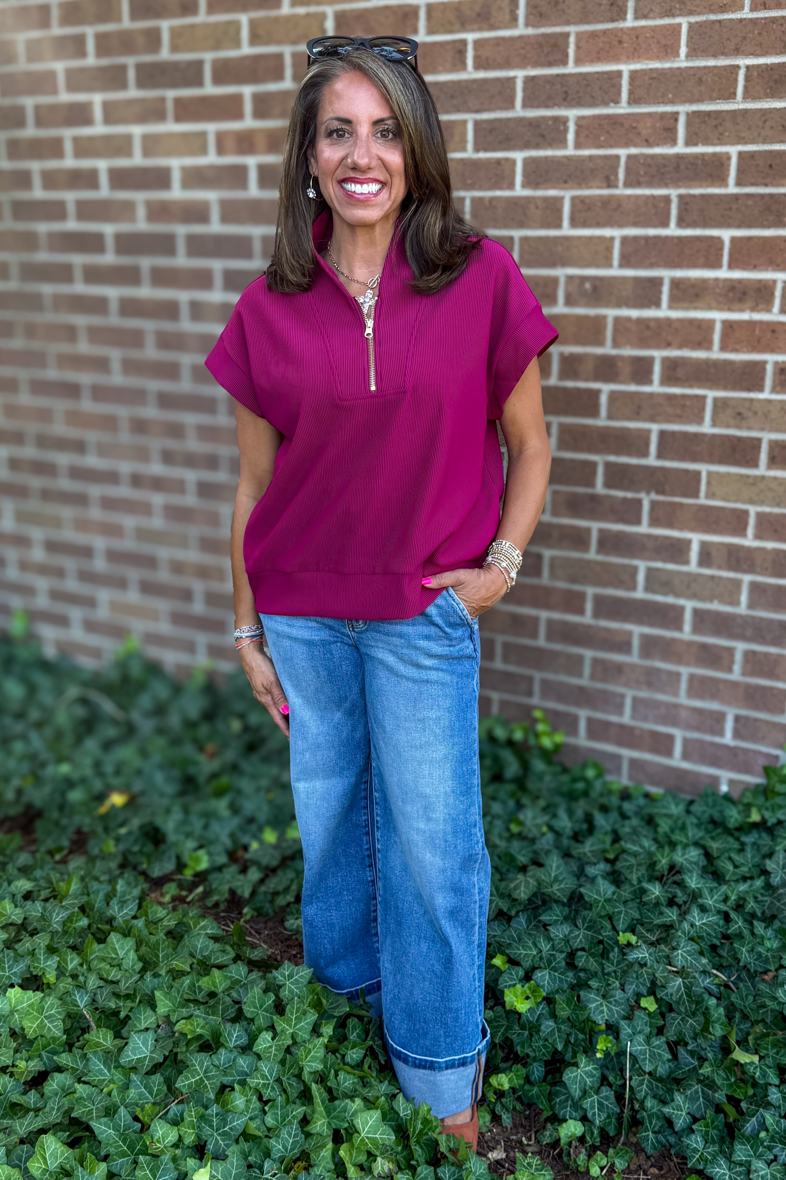 Cabernet Rib High Neck Zip Top Styled