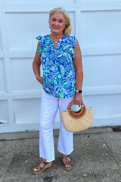 Blue & Green Botanical Breeze Ruffle Sleeve Top styled