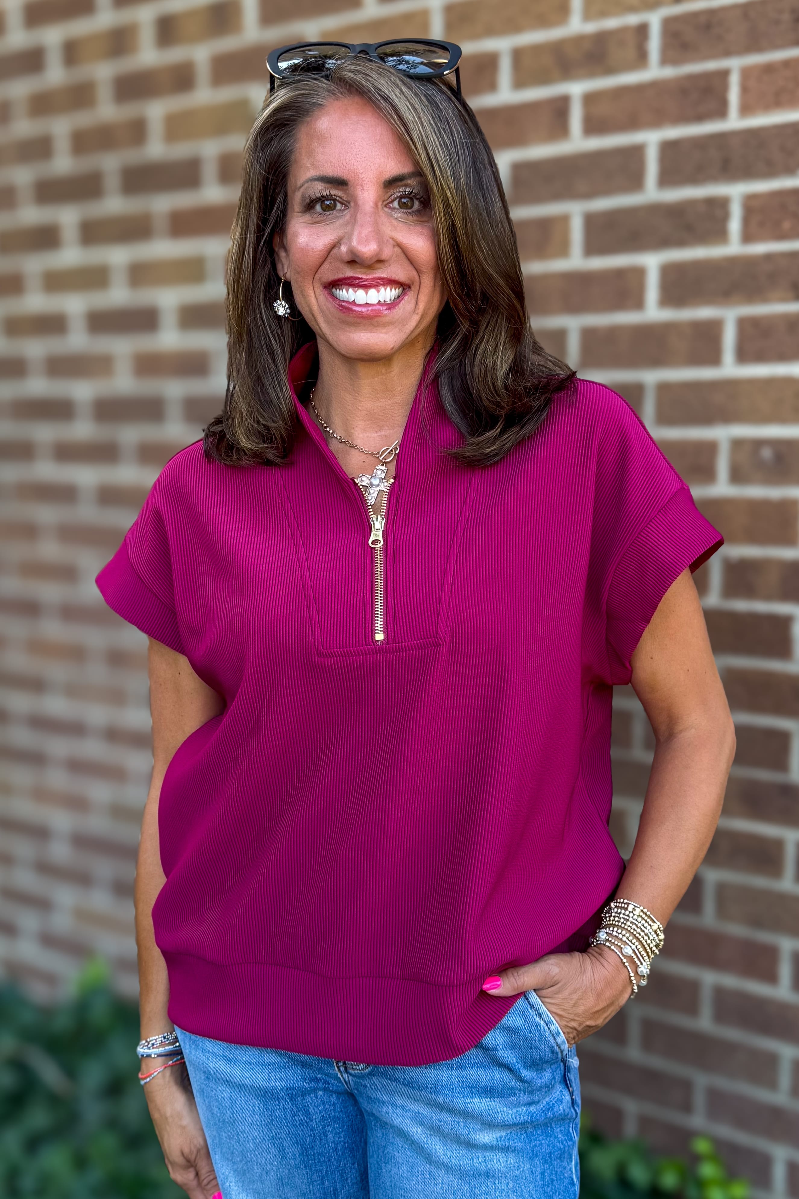 Cabernet Rib High Neck Zip Top