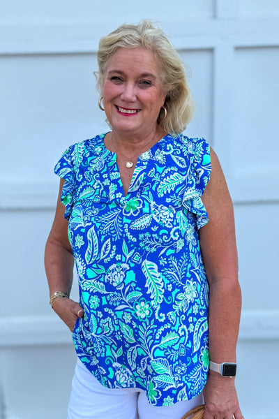 Blue & Green Botanical Breeze Ruffle Sleeve Top