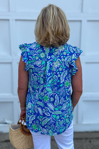 Blue & Green Botanical Breeze Ruffle Sleeve Top back