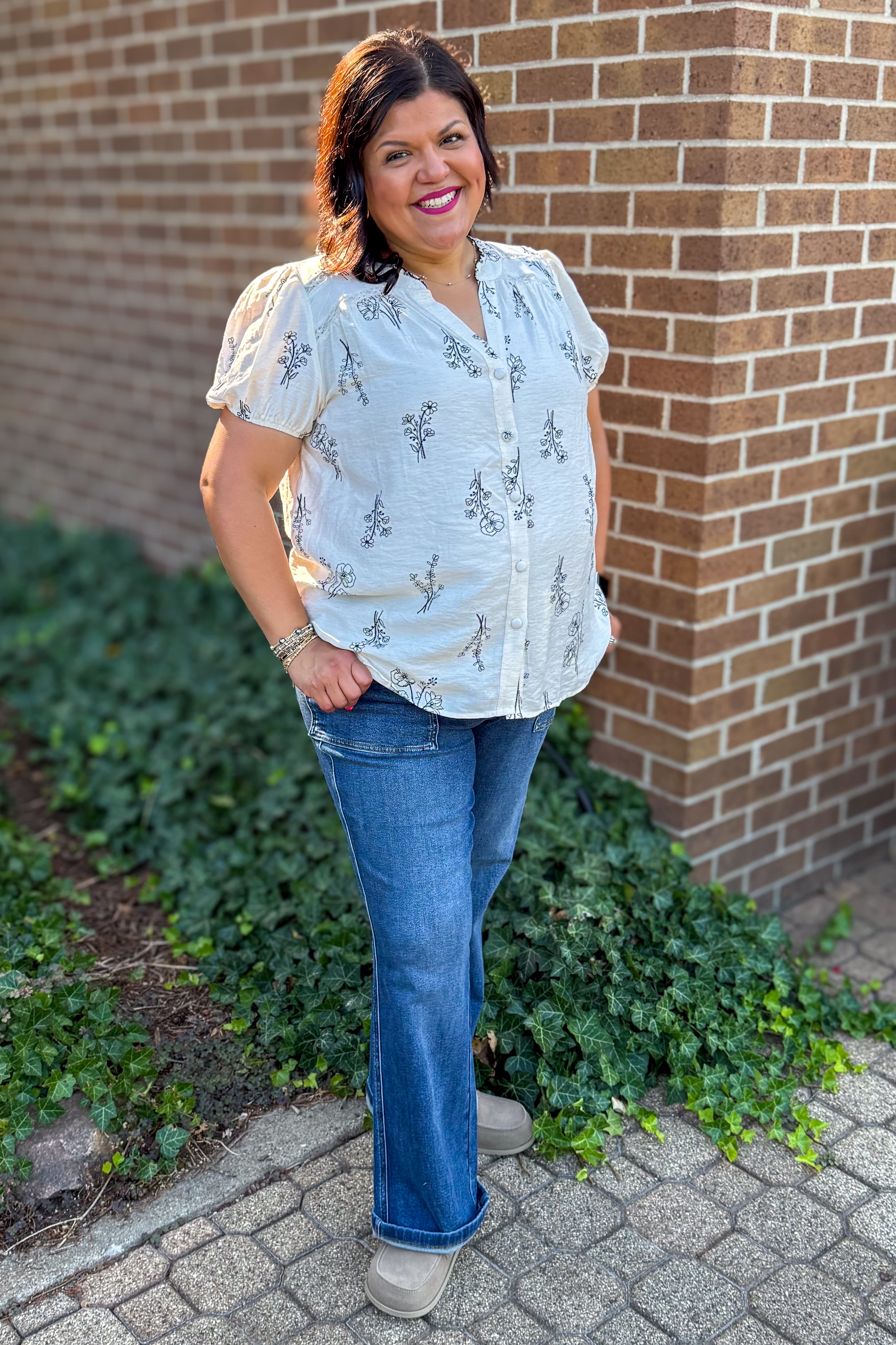 Natural Floral Print Linen Blouse Styled