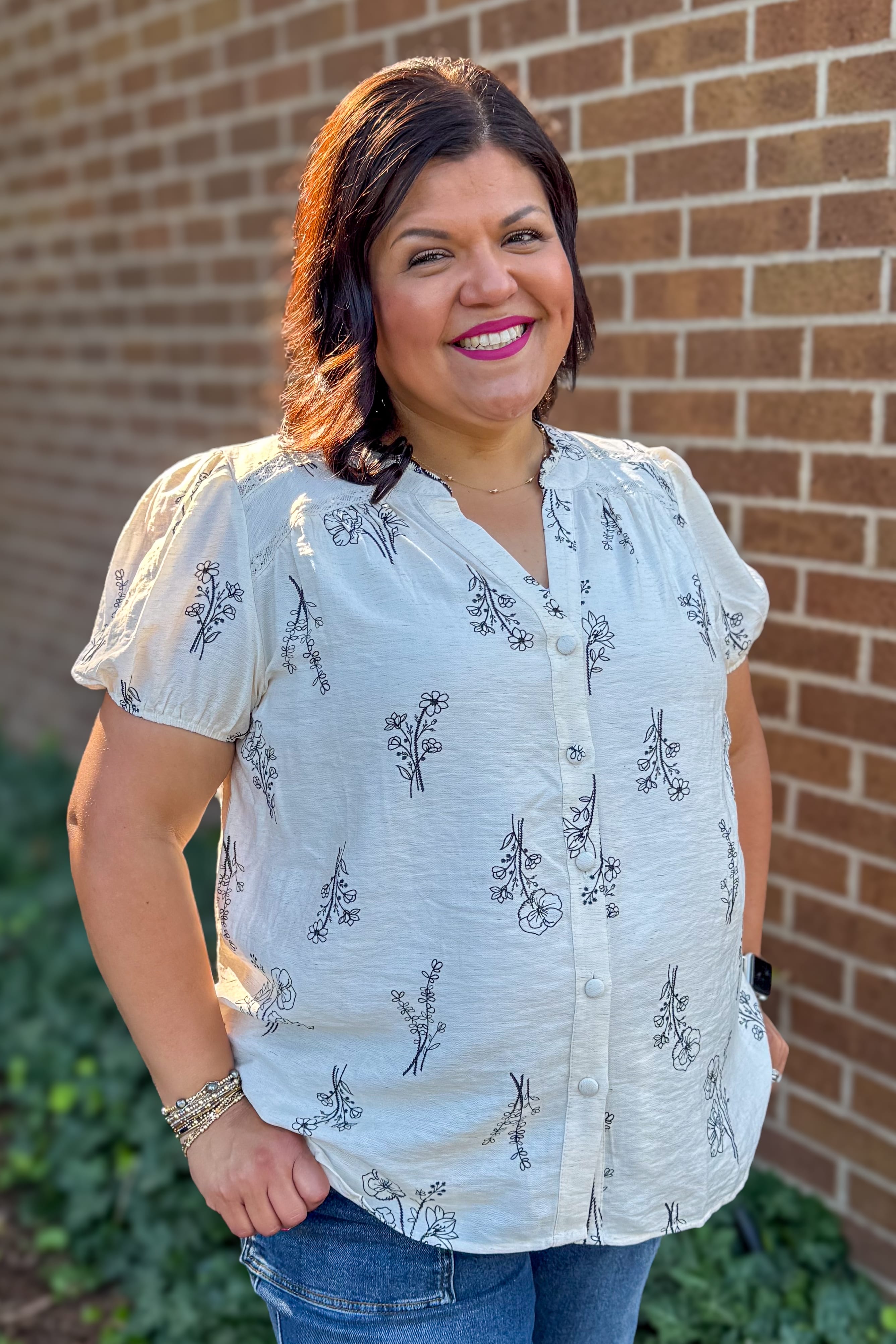 Natural Floral Print Linen Blouse