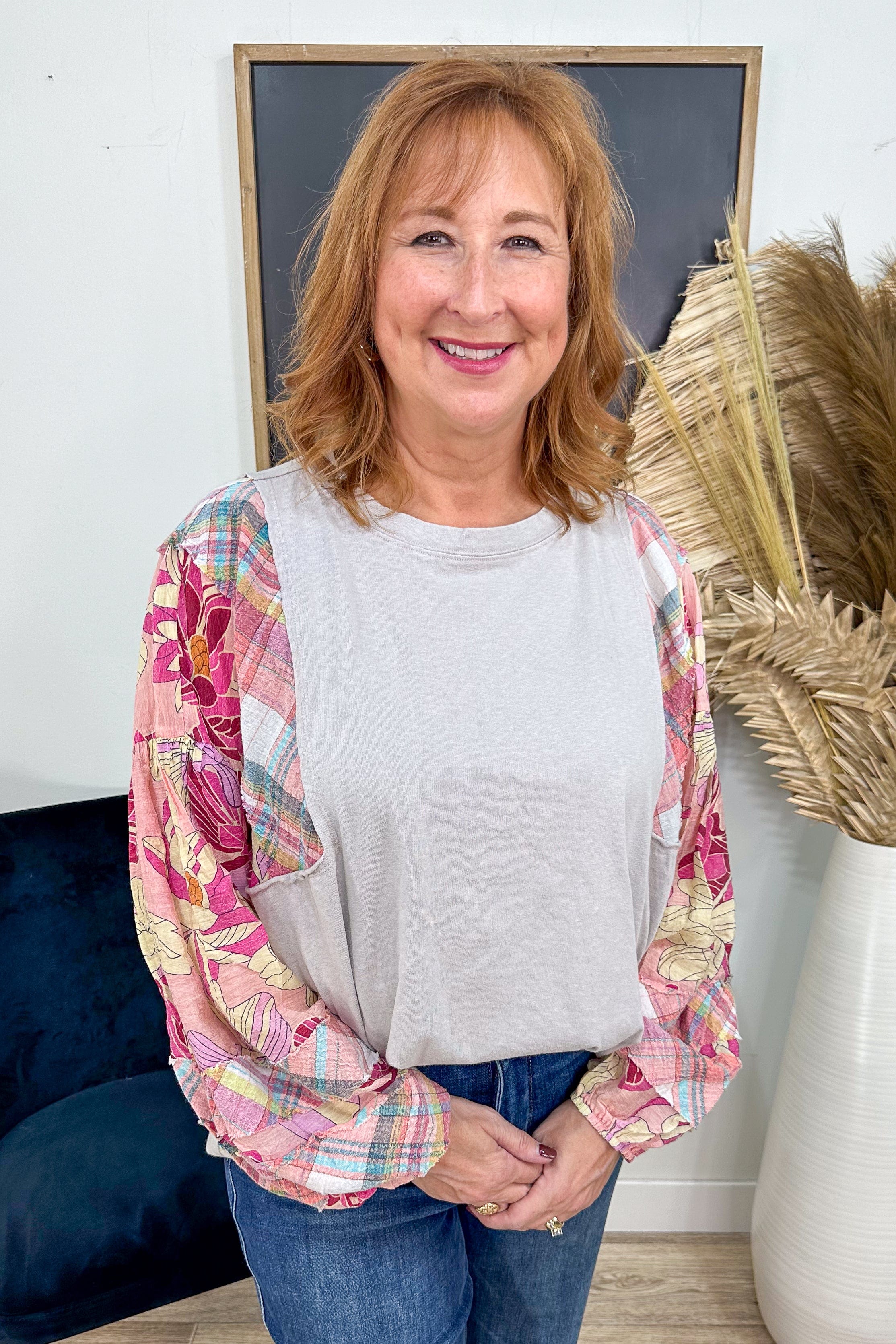 Grey Blouse with Printed Sleeves