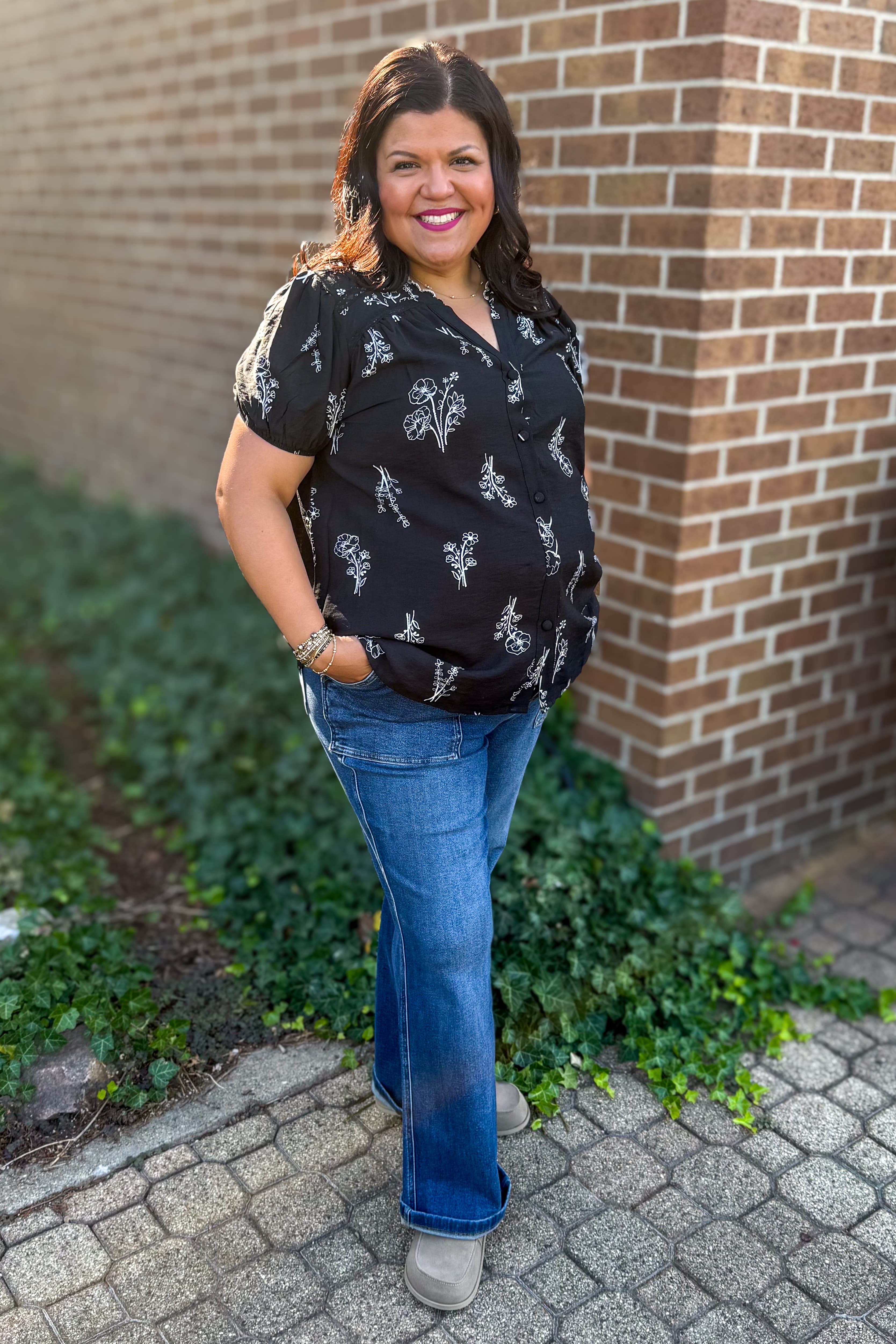 Black Floral Print Linen Blouse Styled