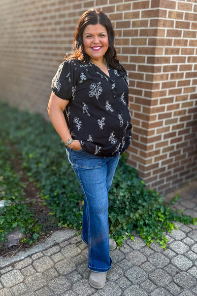 Black Floral Print Linen Blouse Styled
