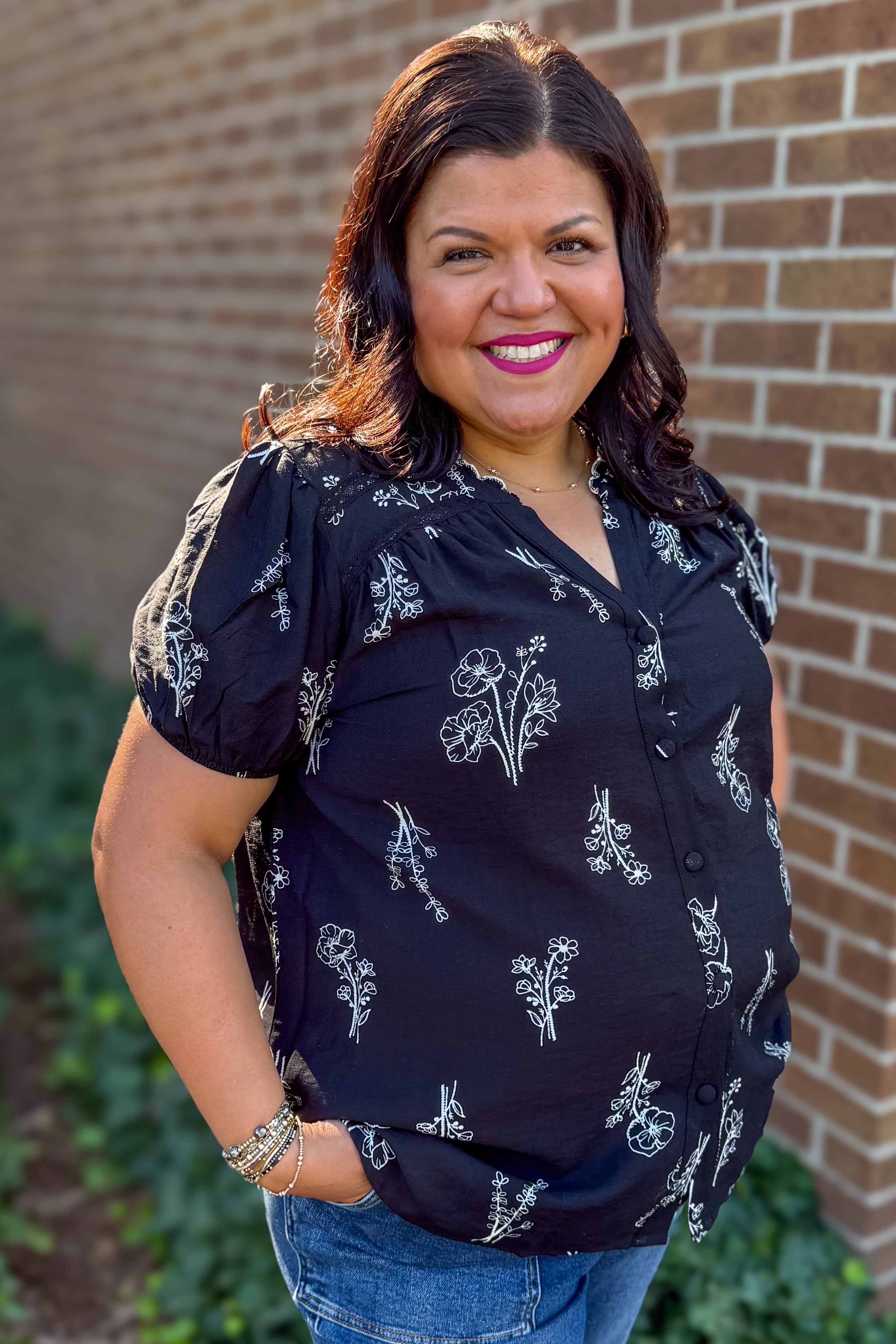 Black Floral Print Linen Blouse