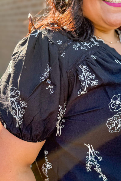 Black Floral Print Linen Blouse Detailed
