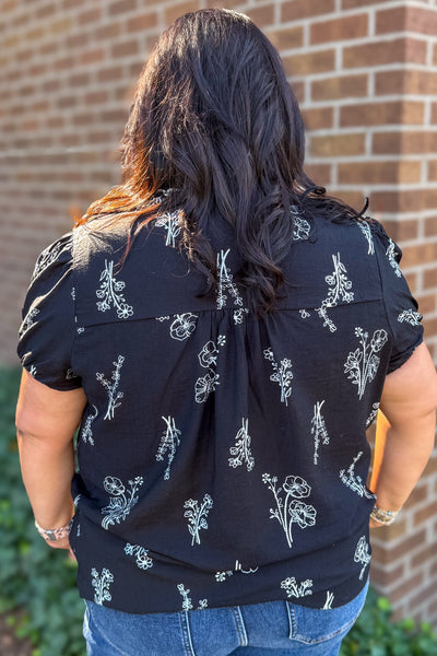 Black Floral Print Linen Blouse Back
