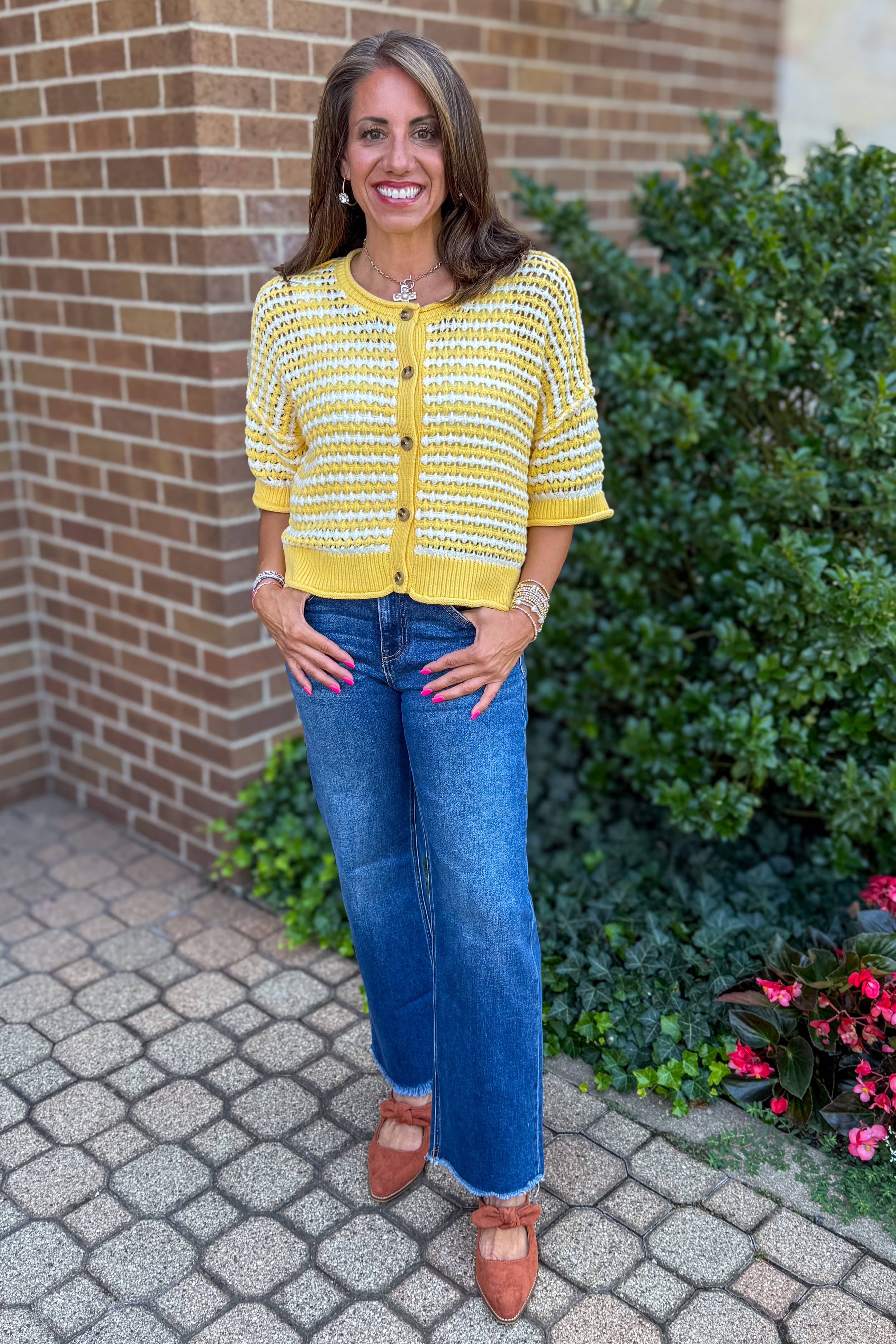 Butter Yellow Stripe Crochet Knit Cardigan Styled