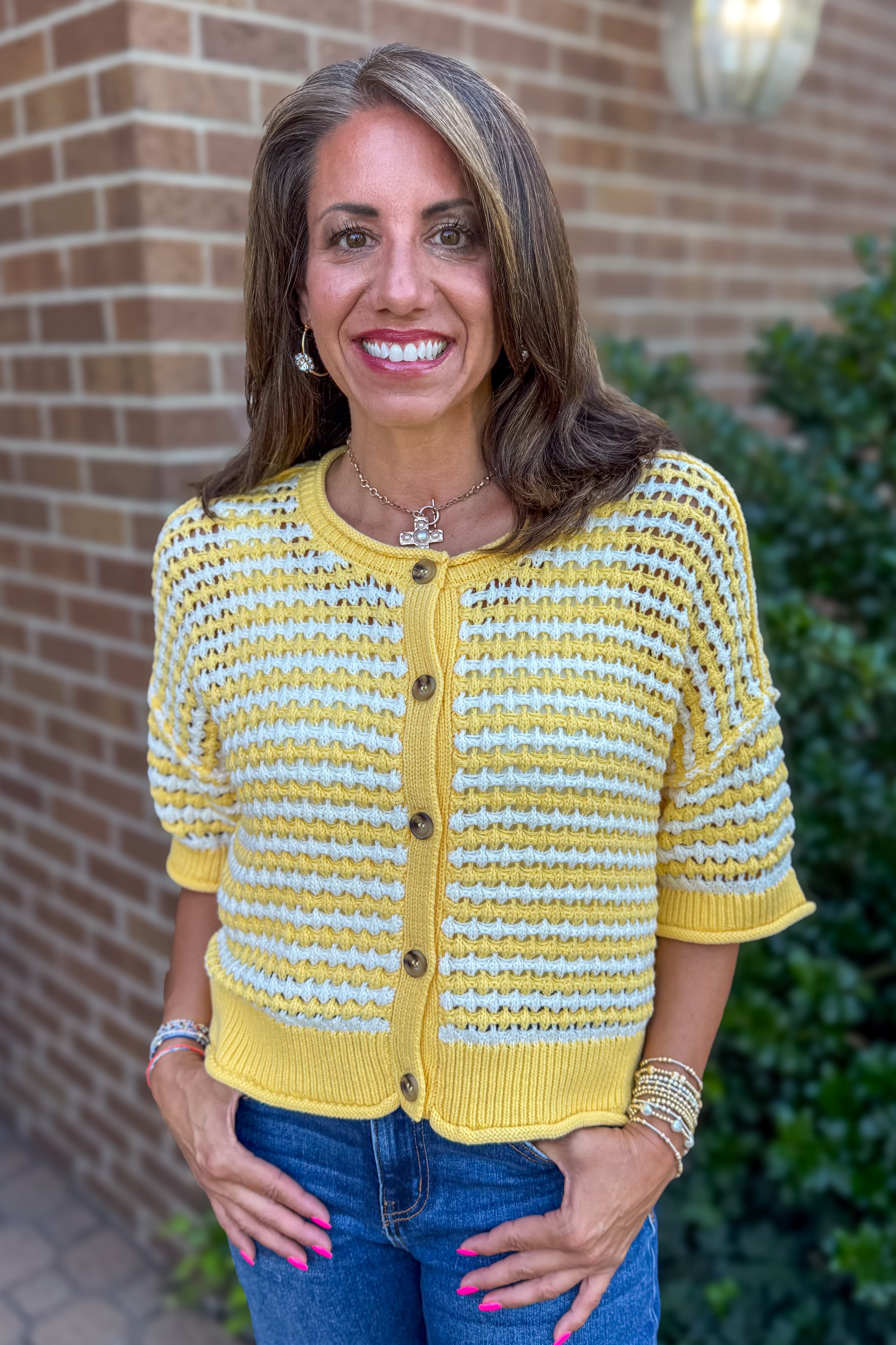 Butter Yellow Stripe Crochet Knit Cardigan