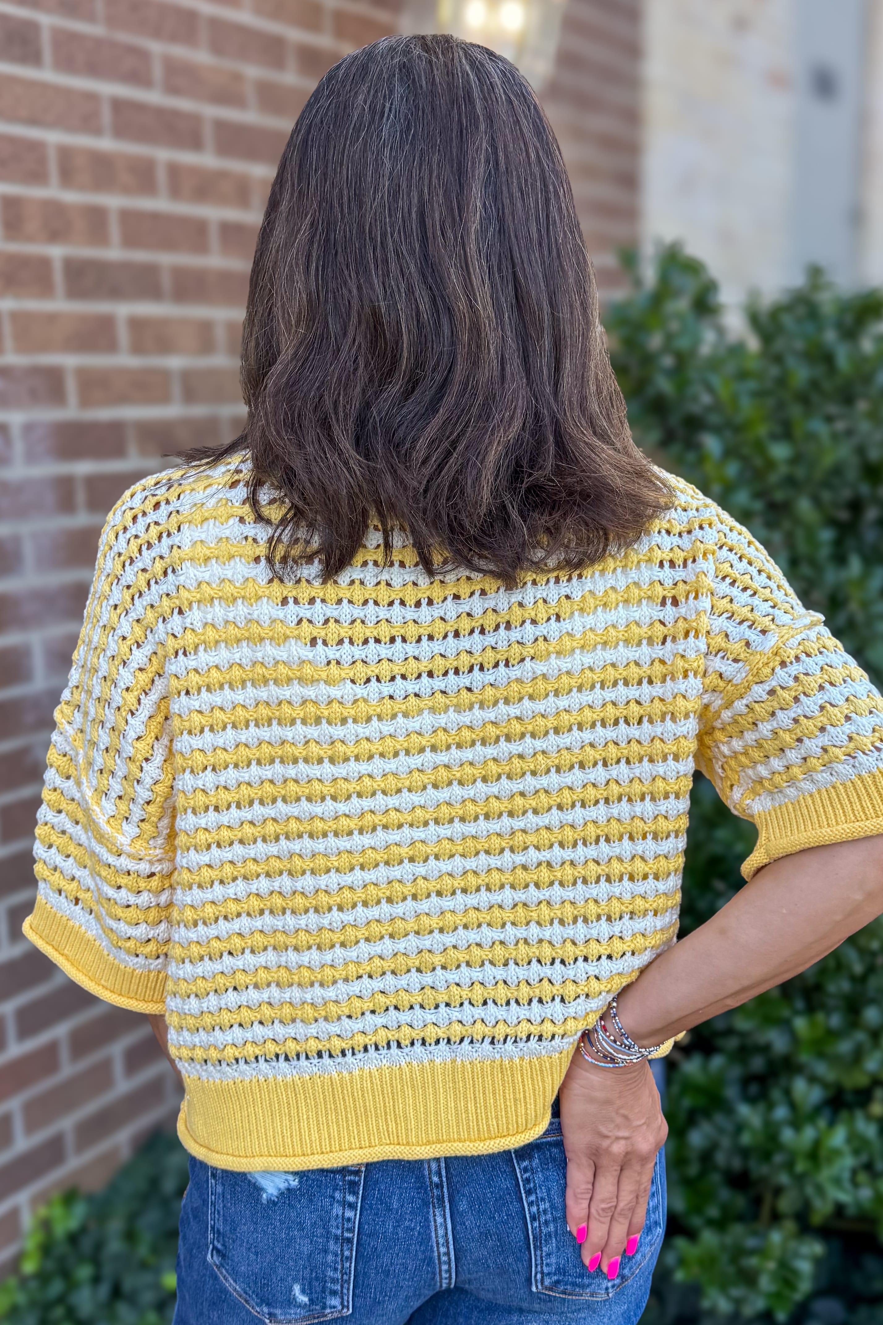 Butter Yellow Stripe Crochet Knit Cardigan Back