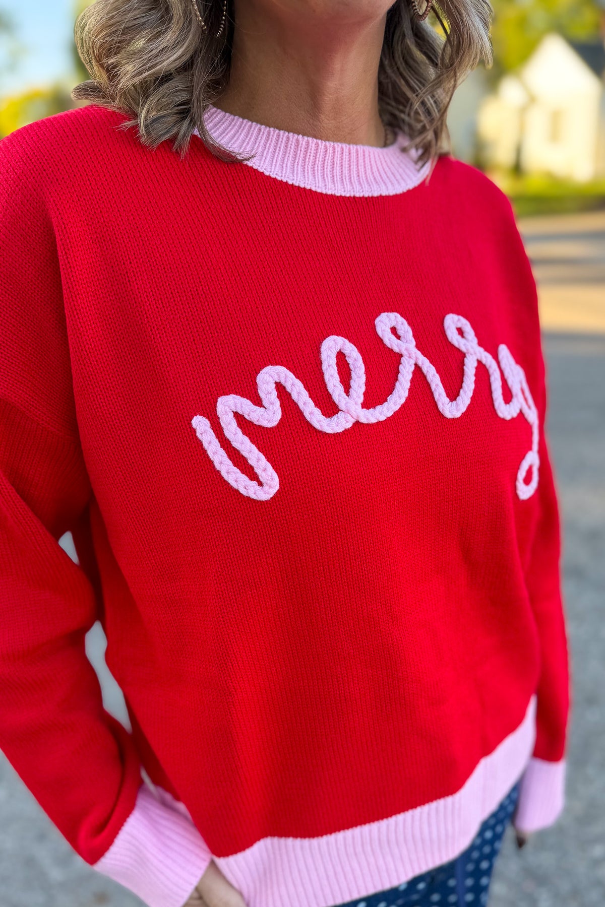 Red Merry Embroidered Sweater Detailed