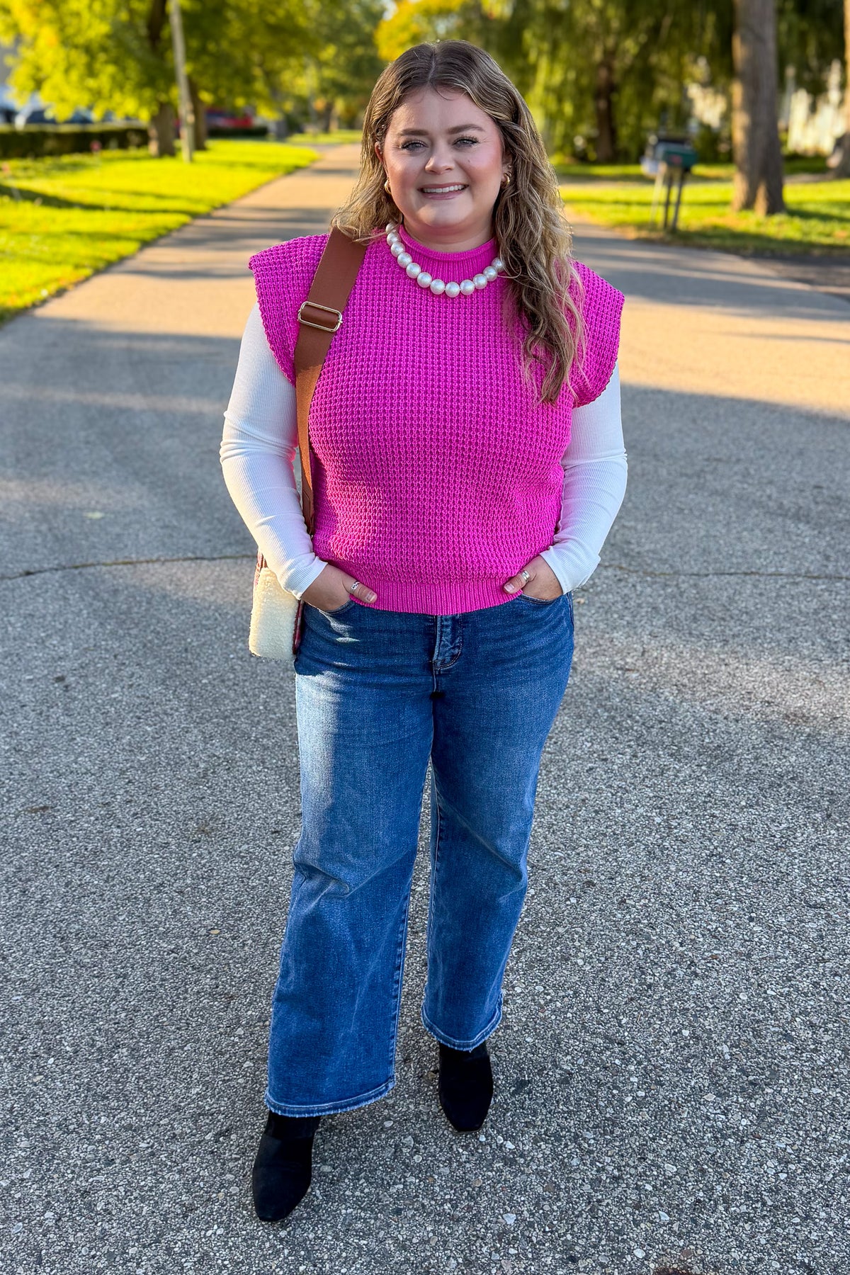 Hot Pink Sweater Vest Styled