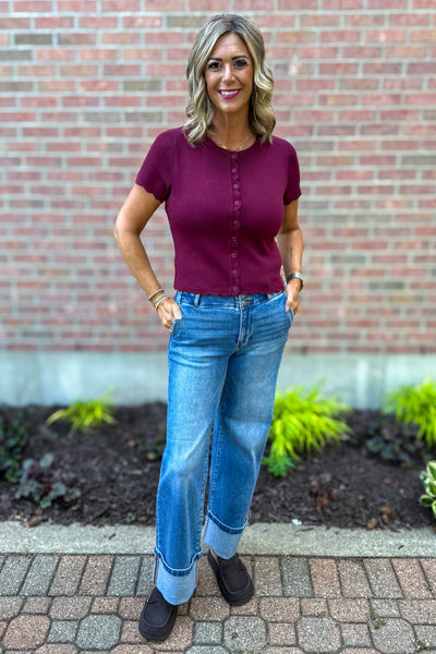 Burgundy Scalloped Button Cardigan Styled