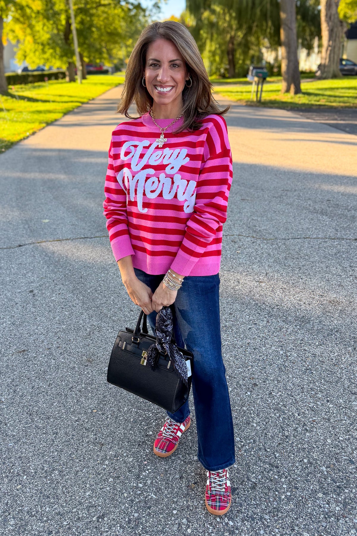Pink & Red Striped Very Merry Sweater Styled