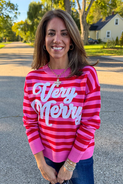 Pink & Red Striped Very Merry Sweater