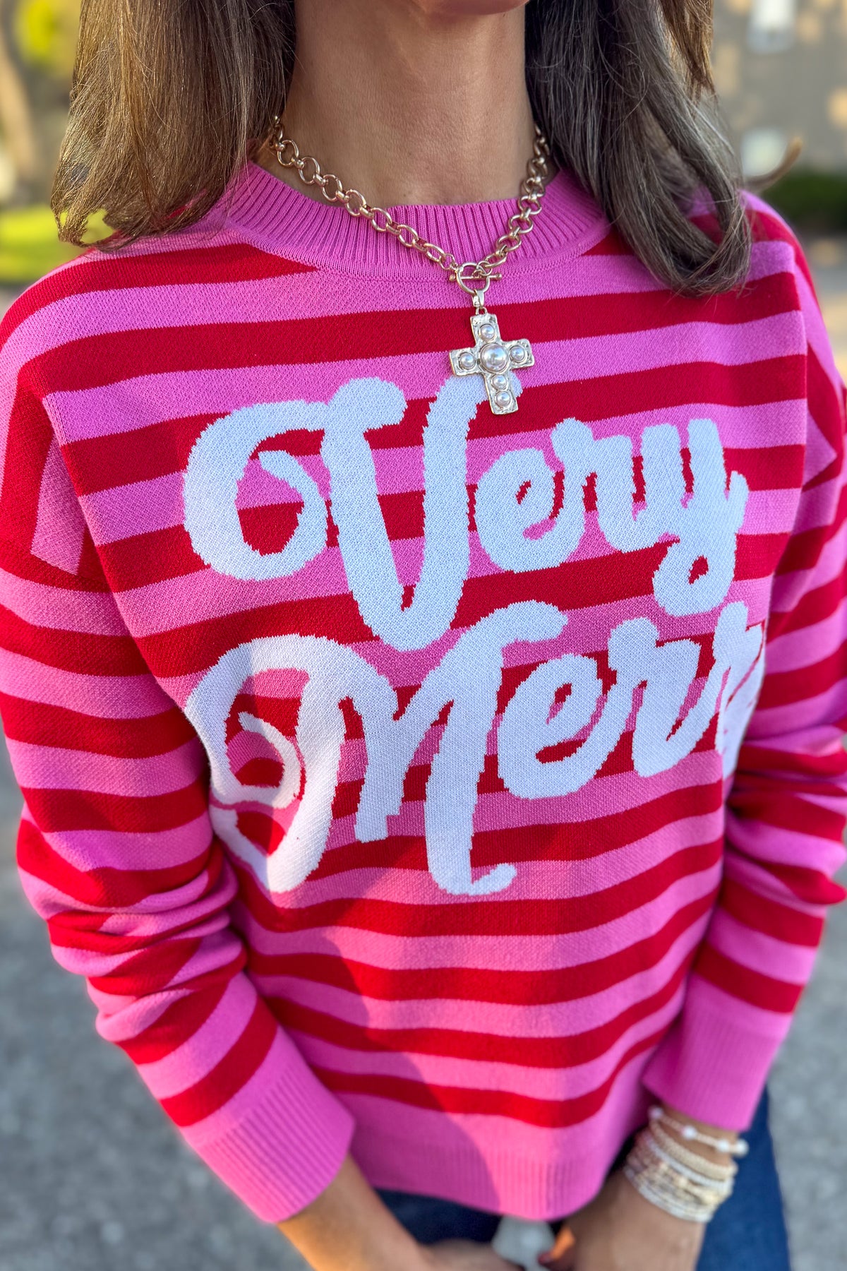 Pink & Red Striped Very Merry Sweater Detailed