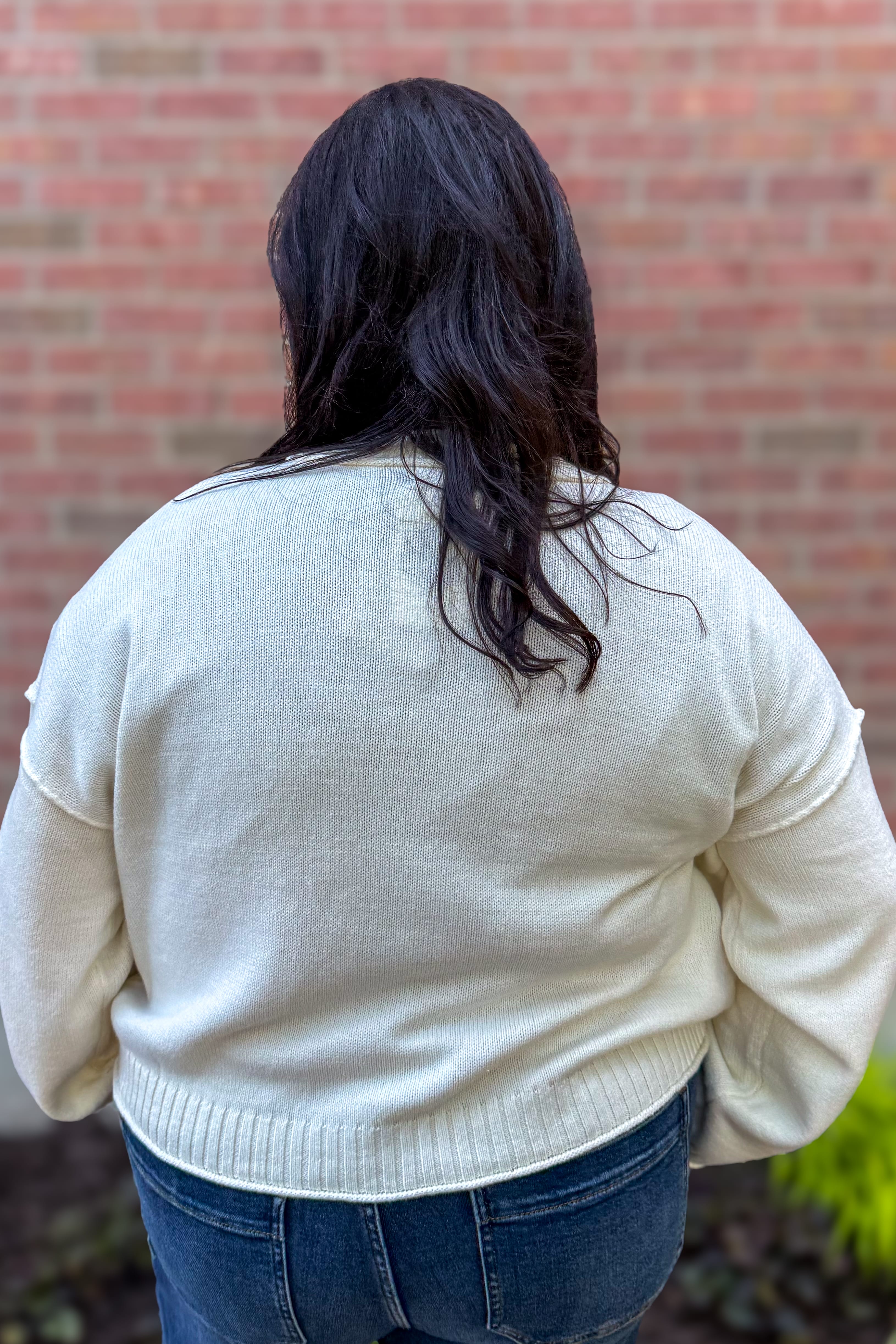 Ivory Raw Exposed Seam Knit Cardigan Back