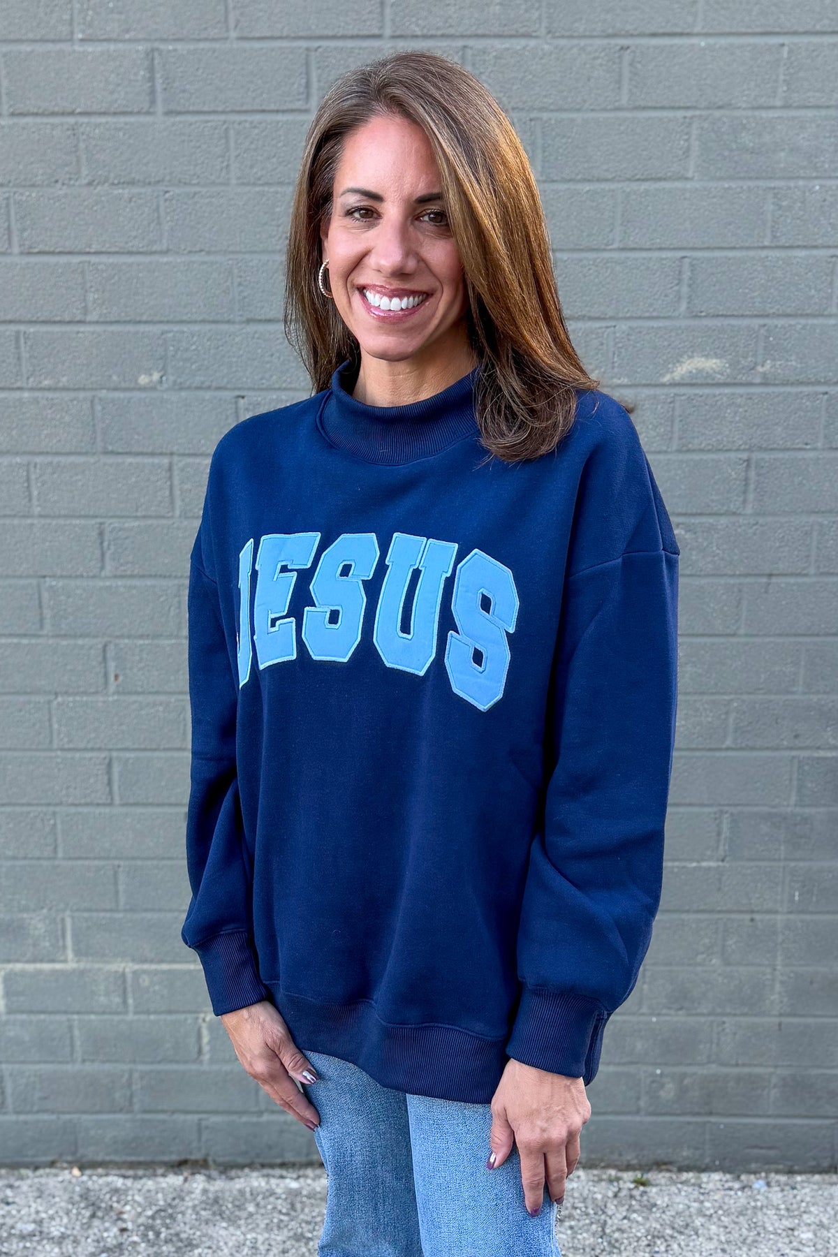 Navy Jesus Mock Neck Sweatshirt