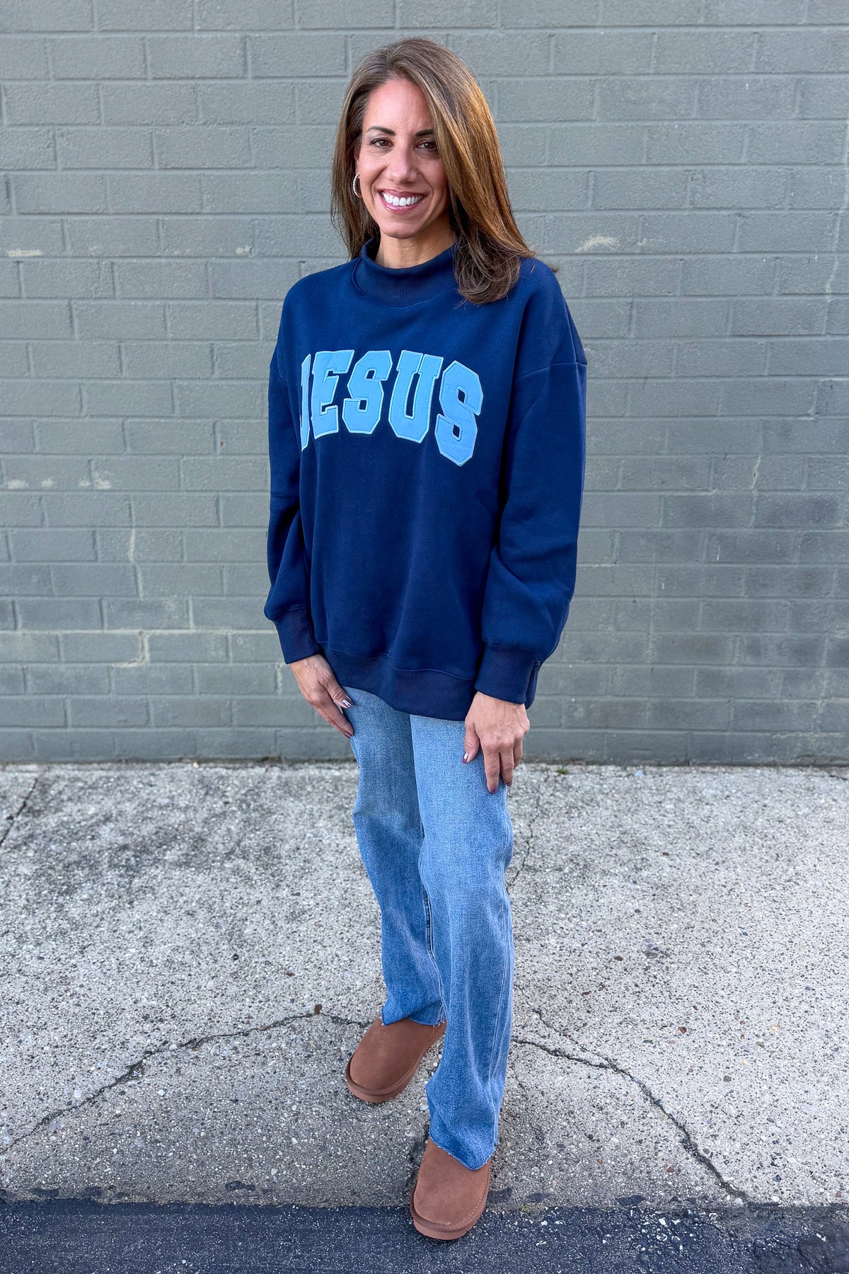 Navy Jesus Mock Neck Sweatshirt Styled