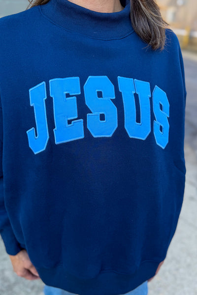 Navy Jesus Mock Neck Sweatshirt Detailed