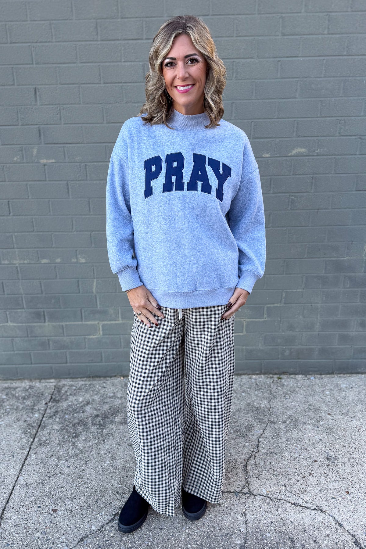 Grey Pray Mock Neck Sweatshirt Styled