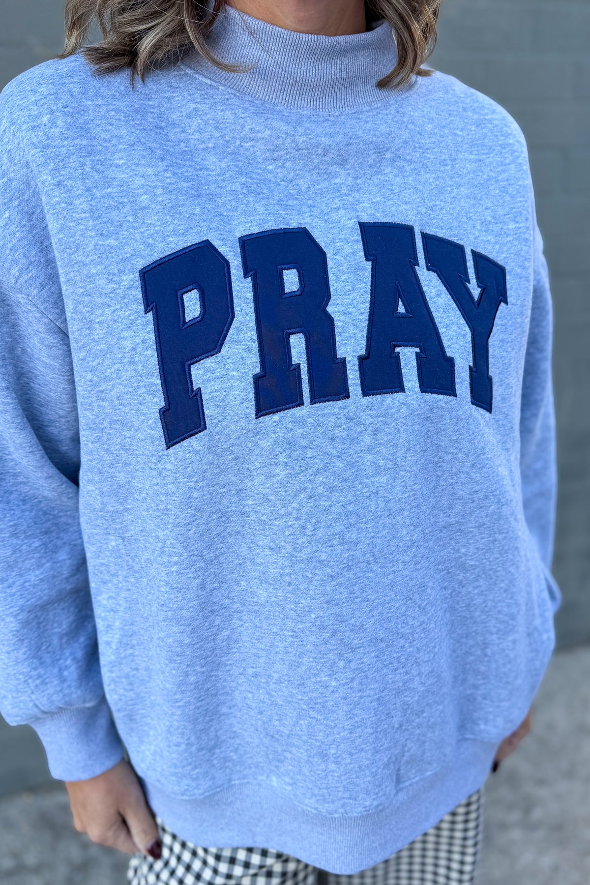 Grey Pray Mock Neck Sweatshirt Detailed