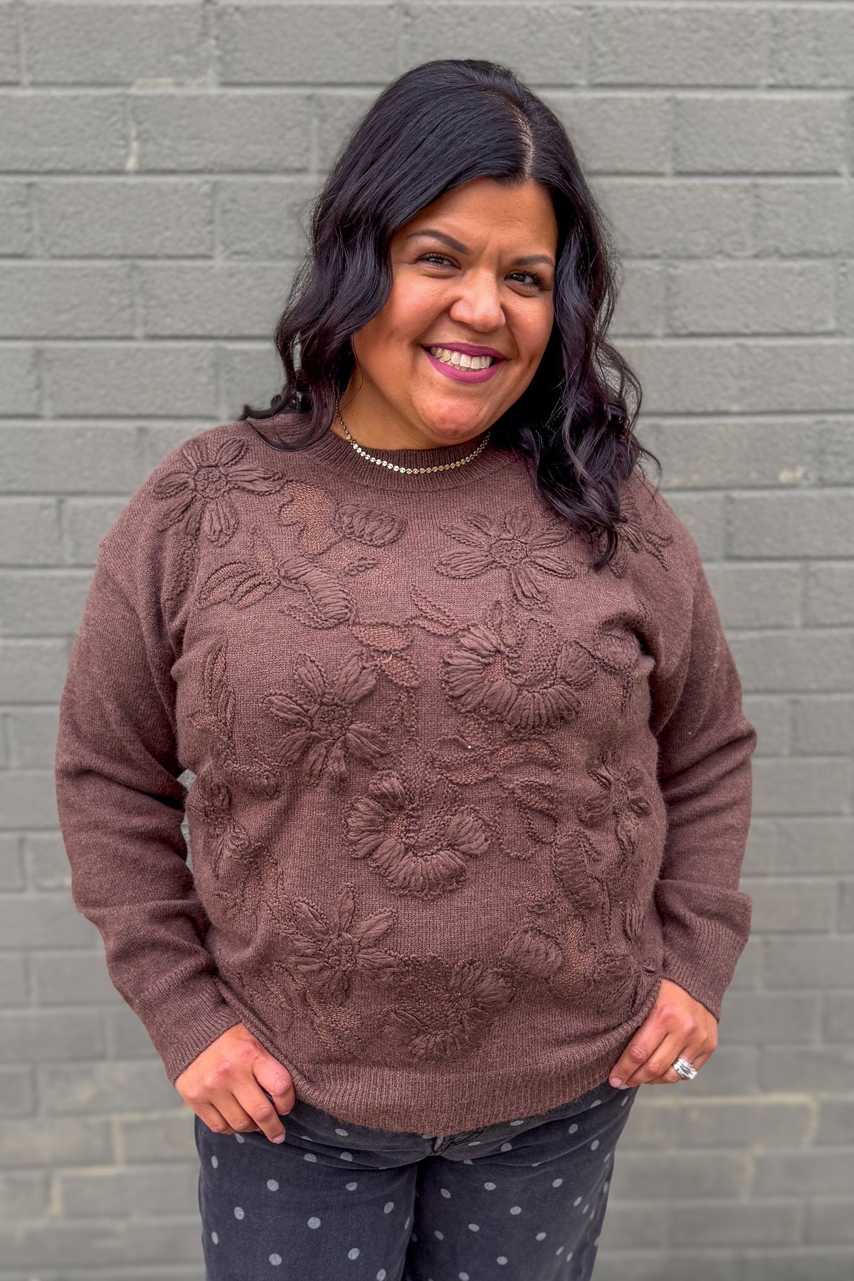 Brown Floral Embroidered Sweater